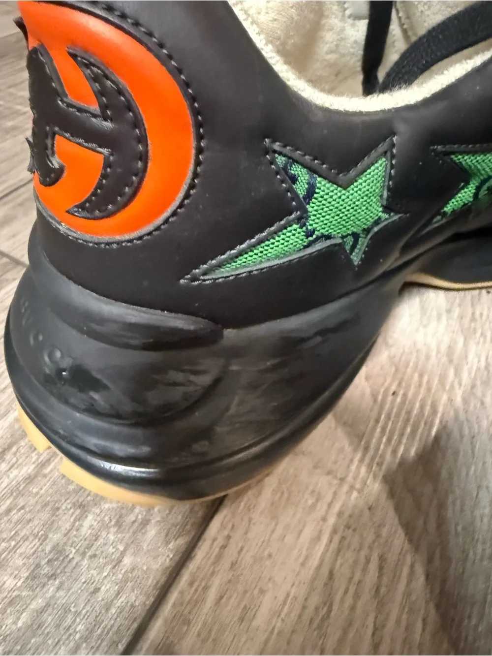 Gucci Black Leather Sneakers with Green Star Motif
